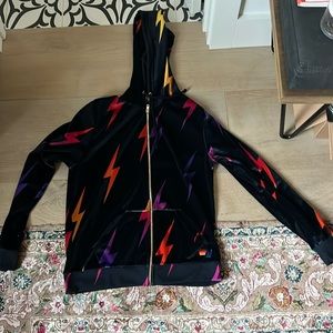 Aviator nation black velvet lighting bolt zip up hoodie with gold zipper.